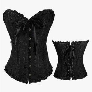 Women's Black Floral Jacquard Overbust Corset Gothic Lingerie Bustier Goddess XL